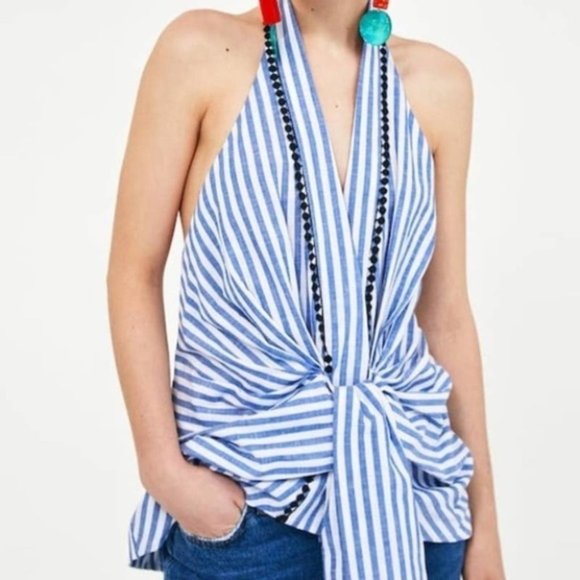 Zara Tops - Zara Striped Tie Front Halter Top Blue & White Size Small